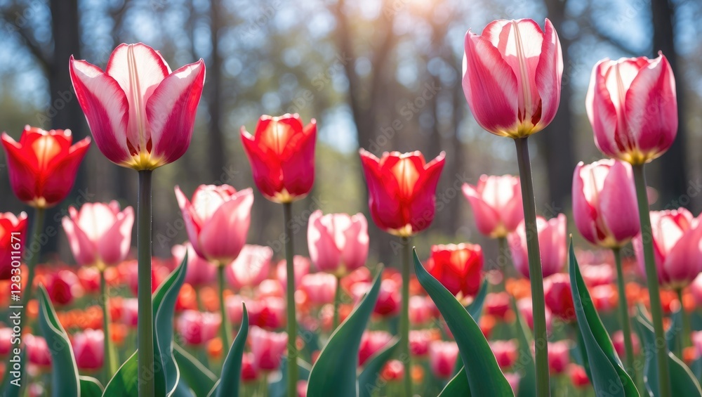 Aufkleber colorful tulip flowers in bloom with sunlight creating a soft glow in a lush green garden during spr