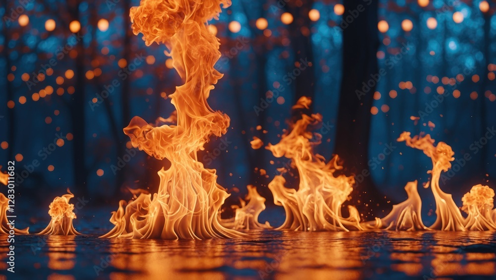 Poster illuminated flames flickering in a serene forest setting with bokeh lights creating a magical and en