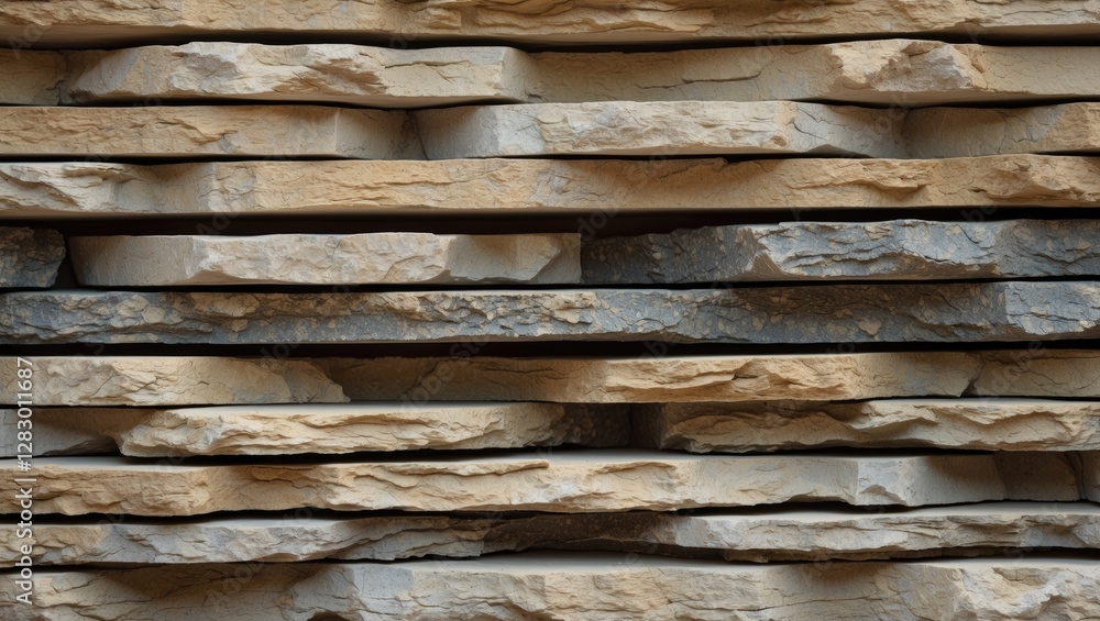 Poster Textured layers of stacked natural stone with variations in color and shape for architectural or design applications