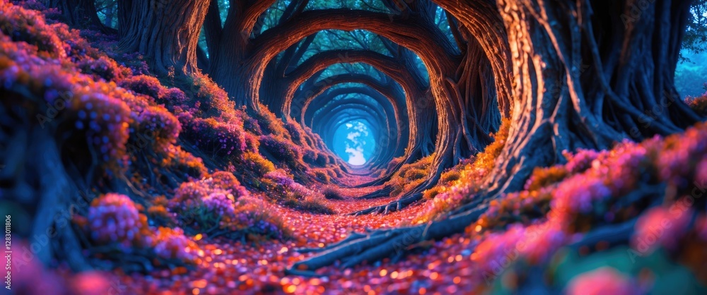Poster Fantasy forest landscape with vibrant flowers and glowing trees creating a magical tunnel effect illuminated by soft blue light.