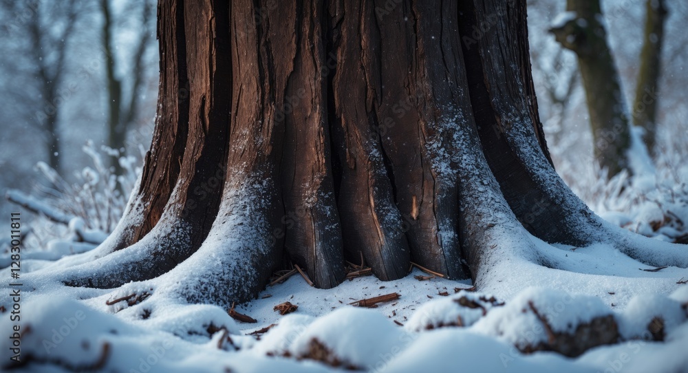 Poster Snow-covered tree trunk with large roots in a winter forest setting with soft lighting and frosty surroundings