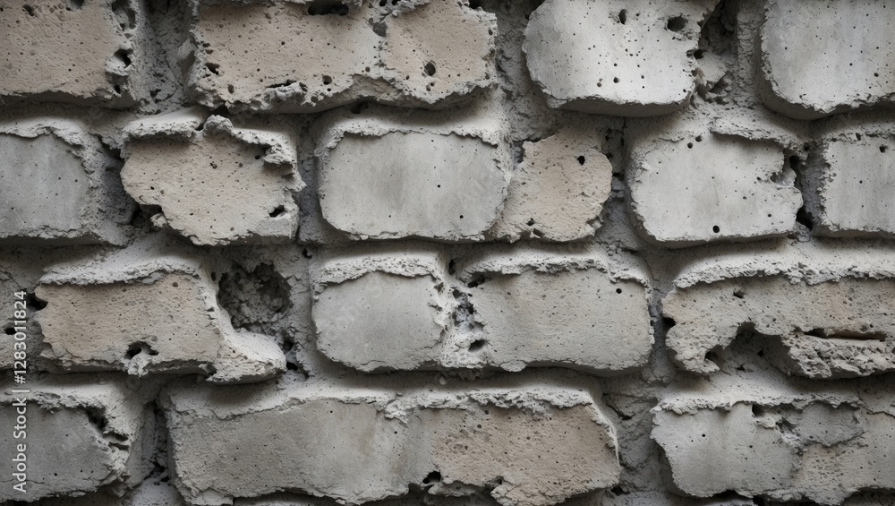 Poster textured concrete wall with irregular bricks and weathered surface in neutral tones for architectura