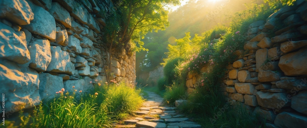 Aufkleber stone pathway between rustic walls with greenery and sunlight filtering through trees in soft focus setting