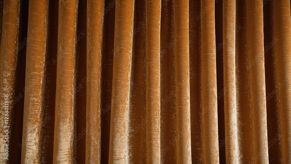 Poster Textured vertical drapery in warm golden brown tones with soft sheen and folds creating a luxurious background design.