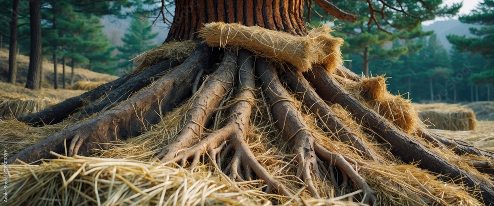 Poster large tree trunk with prominent roots surrounded by straw and small pine trees in a serene forest se
