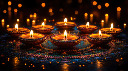 Diwali background showcasing an intricate rangoli with glowing diyas and golden firework sparkles