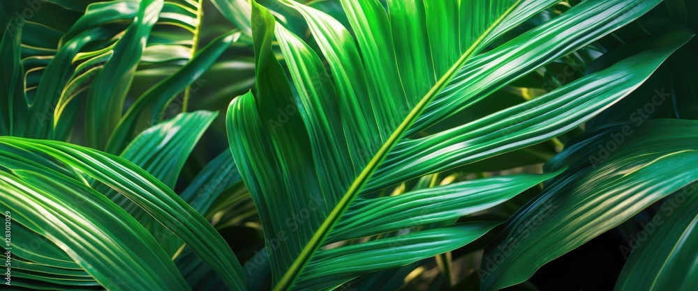 Fototapete lush green tropical leaves with a textured surface in natural light creating vibrant patterns and sh
