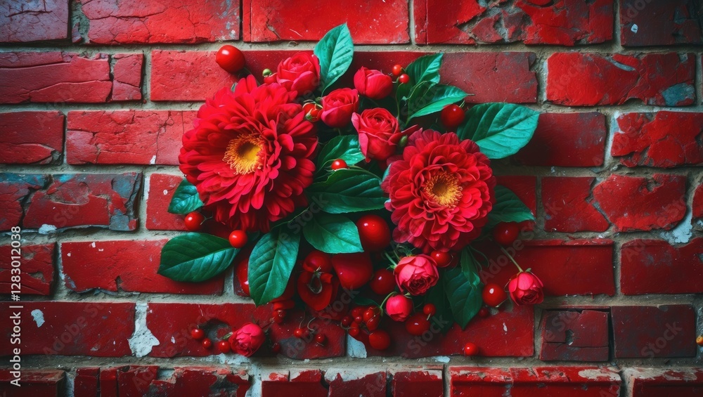 Poster red flowers with green leaves arranged on a weathered red brick wall creating a vibrant and textured
