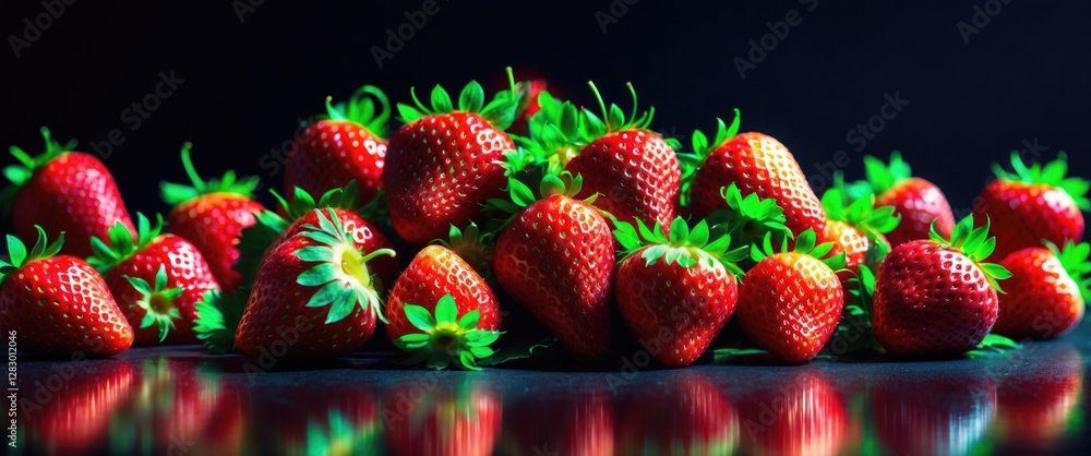 Poster fresh ripe strawberries arranged on a dark reflective surface with green leaves highlighting the vib