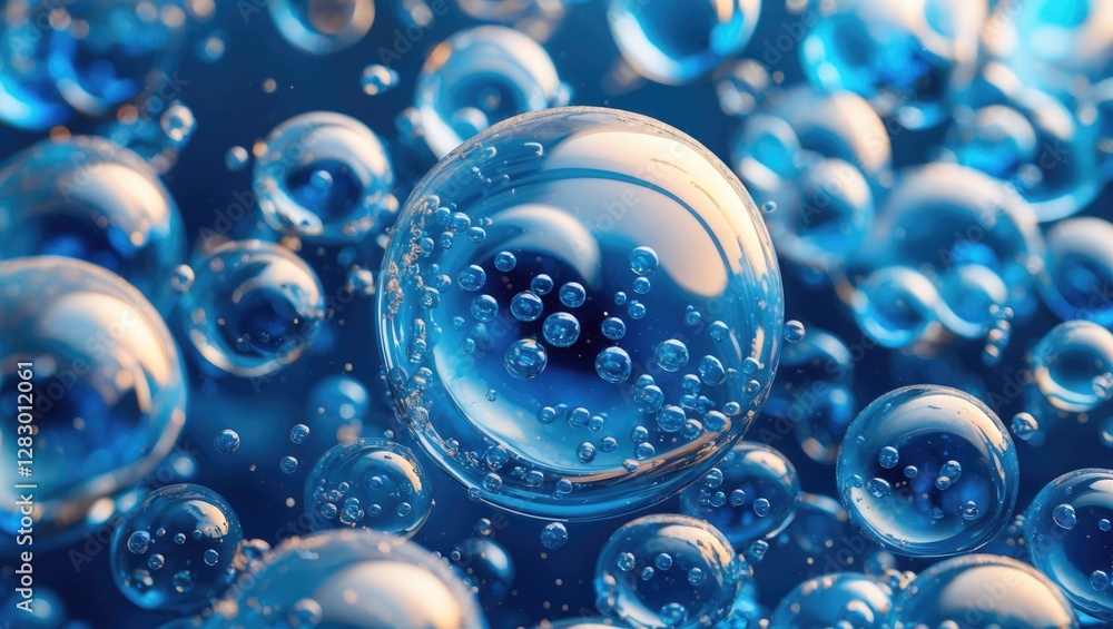 Poster Close-up of water bubbles in blue liquid with reflections and light refractions creating a textured abstract background