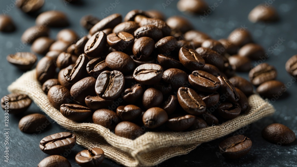 Poster coffee beans on burlap sack against dark background with scattered beans around, close-up view of ro