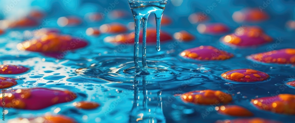 Poster closeup of turquoise water droplets on colorful abstract surface creating vibrant intricate patterns