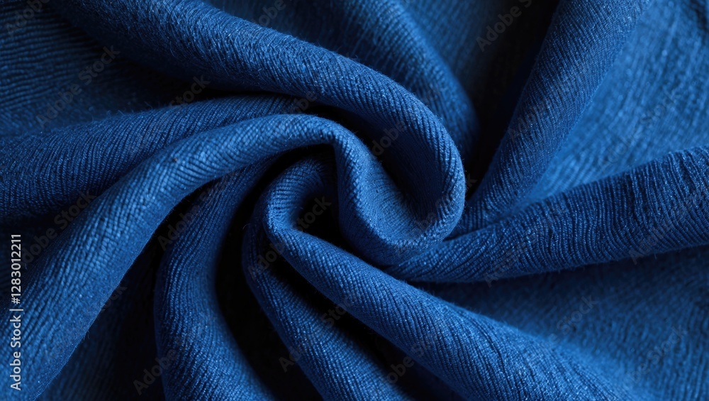Fototapete close-up of blue textured fabric with intricate woven pattern folded in a spiral shape showcasing th