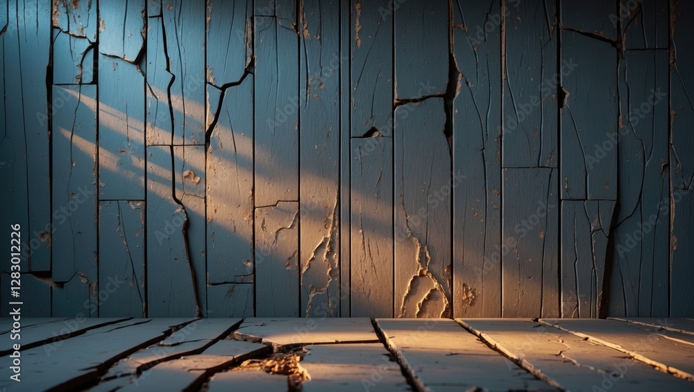 Poster textured background of weathered gray boards with cracks and soft light casting shadows for a rustic