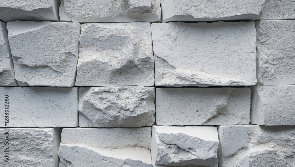 Poster textured white stone wall with irregularly shaped blocks arranged in a uniform pattern