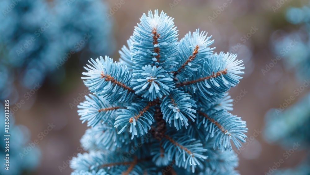Poster close-up of blue spruce tree branch with distinctive blue-green needles and pine cones softly blurre