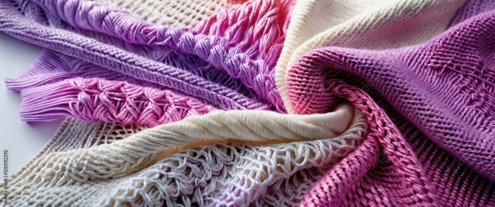 Poster textured knitted fabrics in shades of purple and cream arranged in a woven pattern on a white backgr