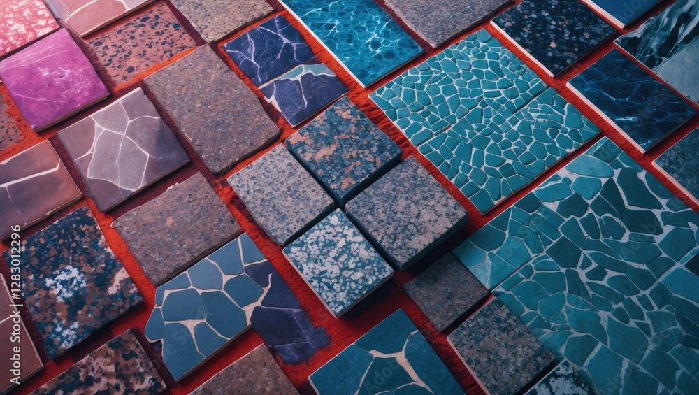 Aufkleber Colorful collection of various textured tiles arranged in a pattern showcasing different shades and materials on a red background
