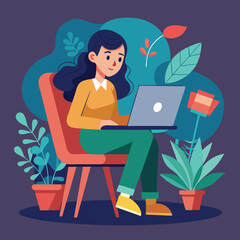 a girl is using his laptop vector	
