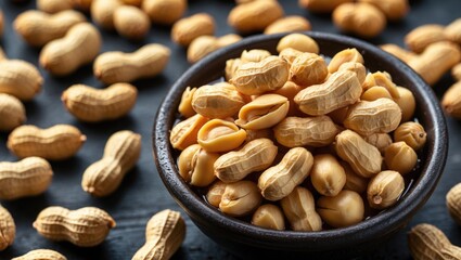 Delicious boiled peanuts in a bowl surrounded by scattered peanuts, showcasing traditional Thai snack culture and culinary delight.