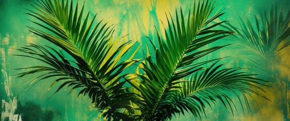 Tropical palm leaves in front of a textured green and yellow abstract background with artistic brush strokes.