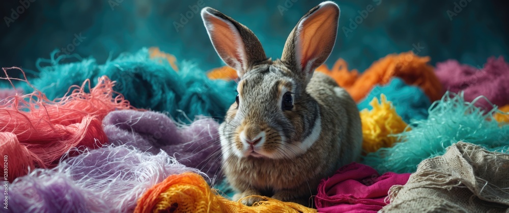 Poster Brown rabbit resting on colorful textured fabrics in a soft focus background