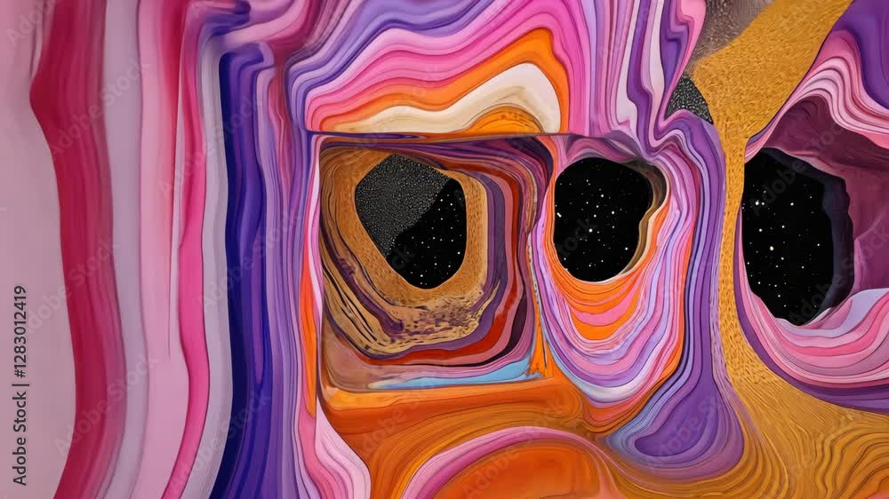 Poster abstract multicolored landscape merging organic forms with cosmic elements in a vibrant artistic exp