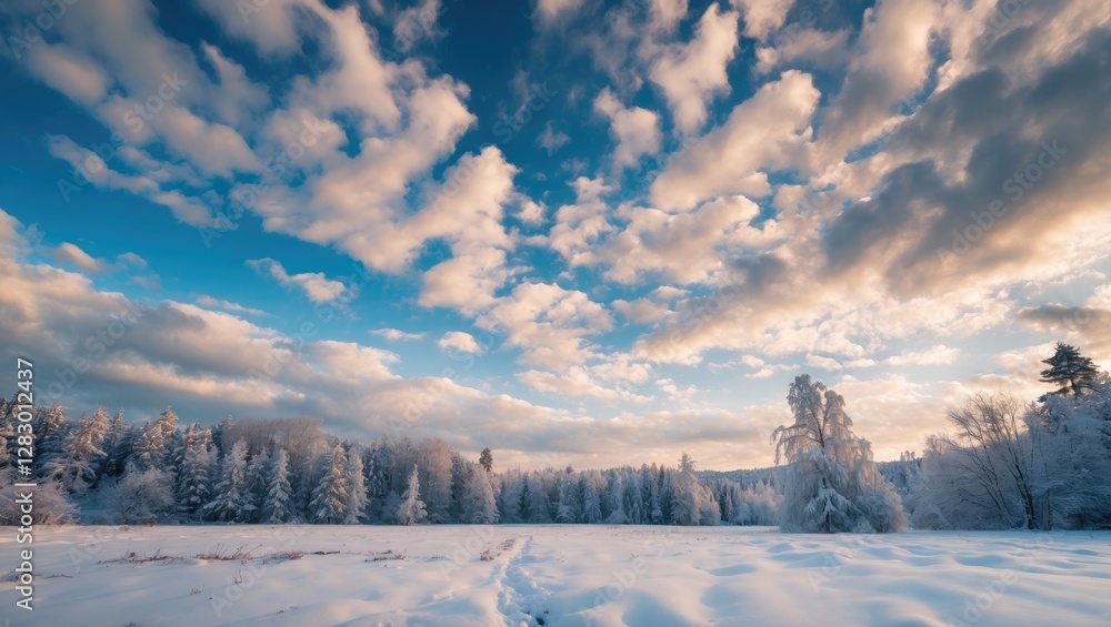 Aufkleber winter landscape with soft clouds and snow-covered trees under a blue sky creating a tranquil and pi