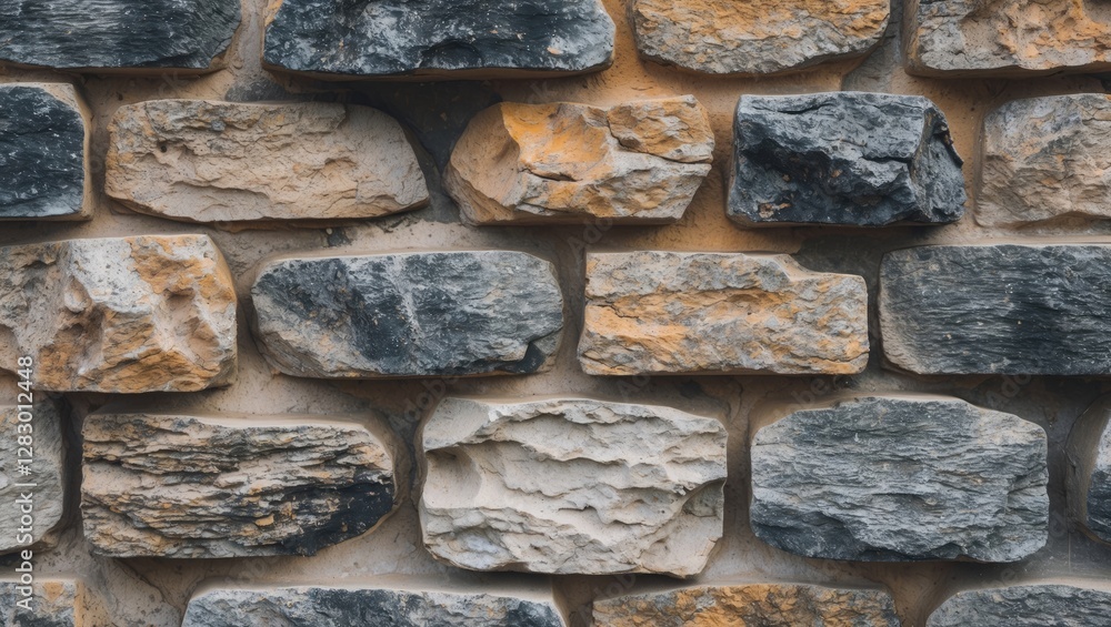 Poster Textured stone wall with a mixture of light and dark grey rocks featuring natural patterns and irregular shapes.