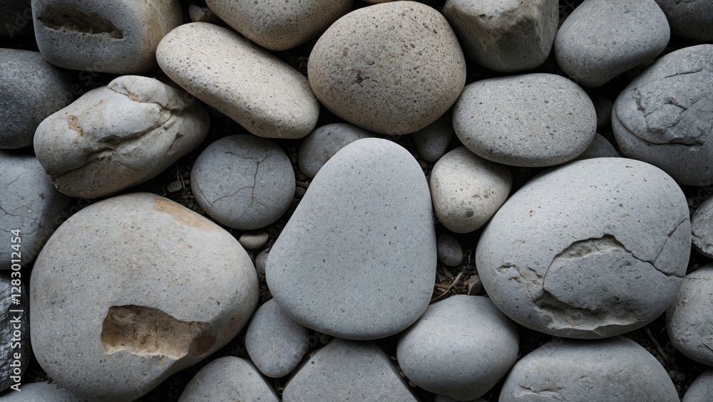 Poster textured assortment of smooth grey stones scattered on a natural surface highlighting their shapes a
