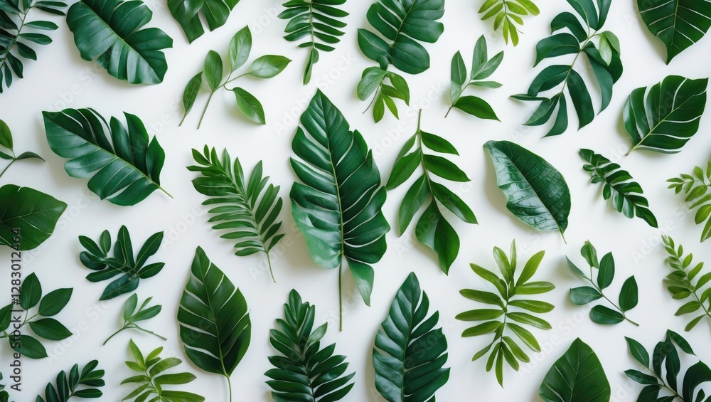 Poster Assorted green leaves flat lay composition on a white background showcasing various leaf shapes and textures.