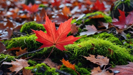 Red maple leaf on green moss surrounded by autumn fallen leaves in forest floor setting