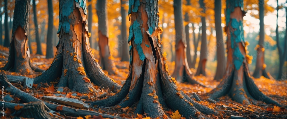 Poster Forest scene with autumn foliage featuring trees with textured bark and colorful leaves on the ground in warm lighting.