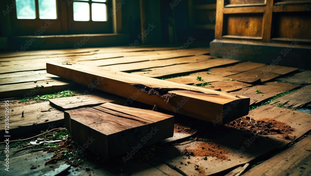 Poster wooden planks and shavings on a rustic wooden floor with natural light filtering through a window
