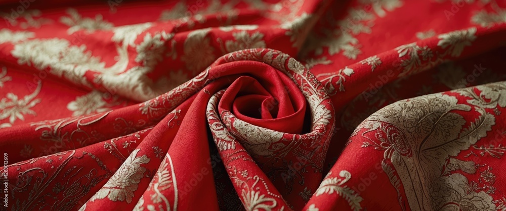 Poster red and gold patterned fabric detailed close-up with intricate floral design and soft texture in fol