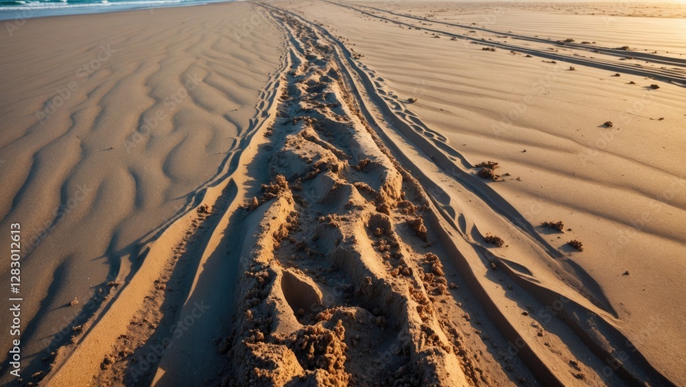 Aufkleber Tracks in wet sand on a beach during golden hour with gentle waves in the background and patterns created by the tide.