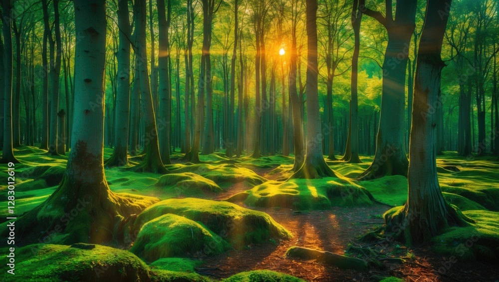 Poster lush beech forest with vibrant green moss and sunlight filtering through trees creating a magical an