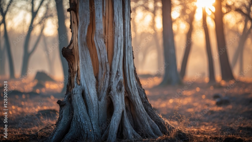 Poster textured bark of an ancient tree illuminated by soft morning light in a serene natural forest settin