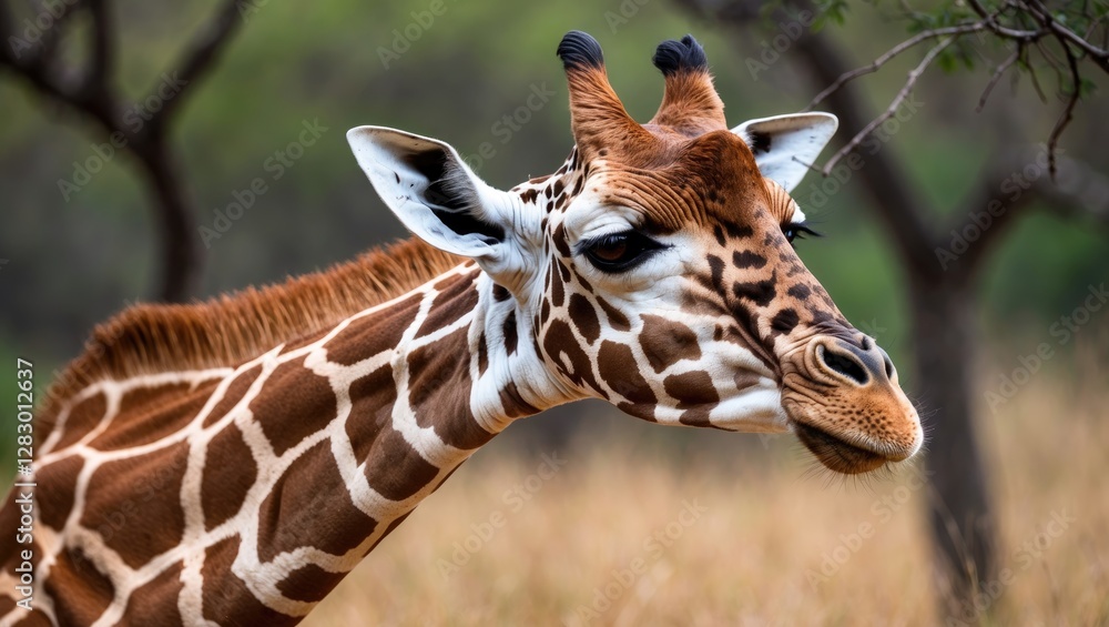 Poster giraffe close-up with distinctive coat pattern in natural habitat surrounded by trees and grass.