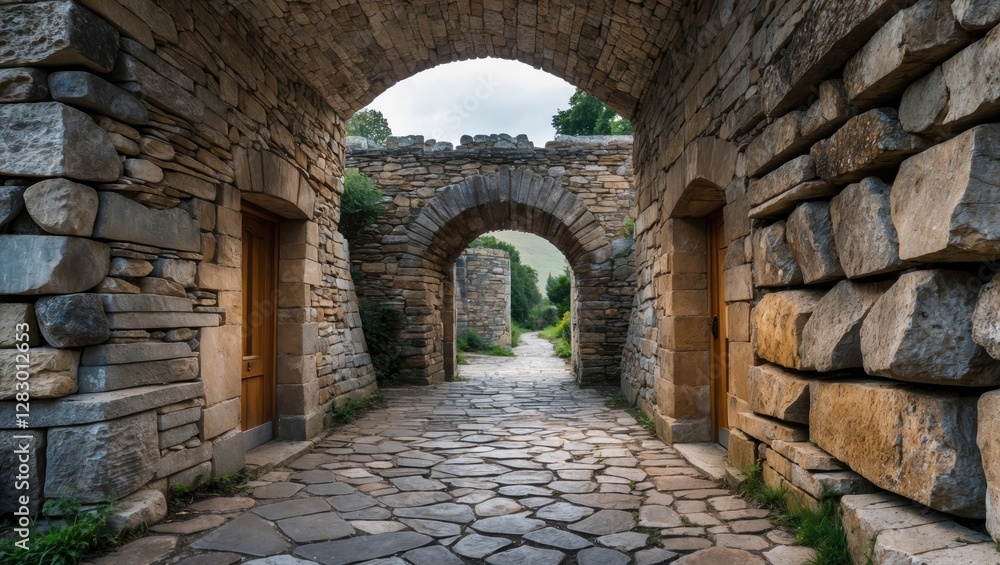 Poster ancient stone archway pathway with wooden doors and cobblestone surface surrounded by greenery under