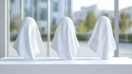 Three draped white spheres on a white platform, modern city backdrop, showcasing product unveiling or mystery concept