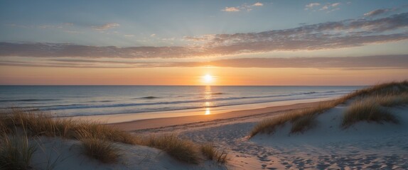 Serene Beach Sunset Over Tranquil Waves With Dunes In Foreground Offering Space For Text Overlay