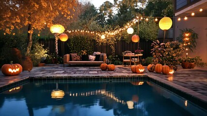 Cozy backyard decorated with glowing pumpkins and string lights by the pool for a festive autumn evening