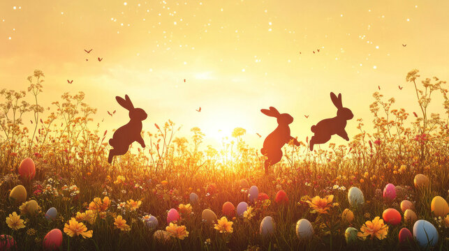 Easter background with bunny silhouettes hopping across a garden filled with colorful eggs