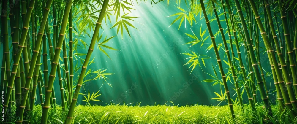 Poster lush bamboo forest with sun rays filtering through green foliage creating a serene natural backdrop 