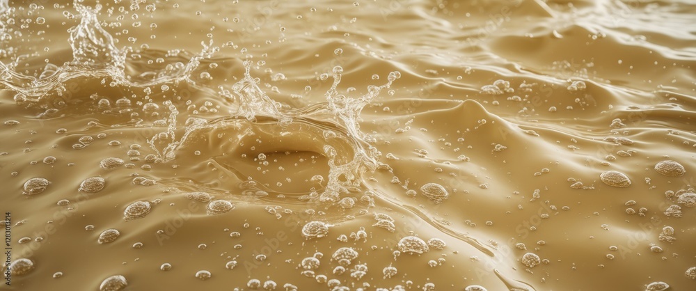 Poster beige water surface with splashes and bubbles creating a serene texture ideal for summer nature back
