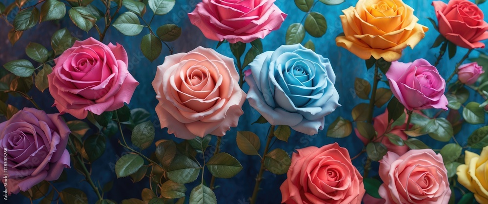 Poster vibrant assortment of artificial roses in various colors against a soft blue background for decorati