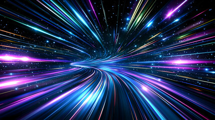 Obraz premium Abstract Digital Light Trails Against Black Background Depicting Speed and Motion