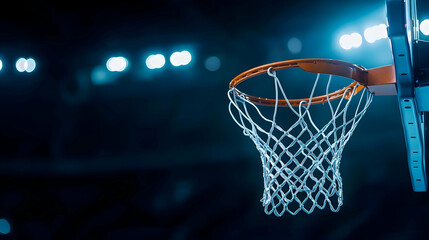 Basketball Hoop Lit Against Dark Background in Indoor Arena