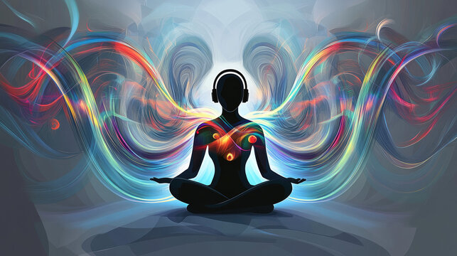 A person surrounded by swirling sound waves, symbolizing the healing power of music therapy on the body and mind.